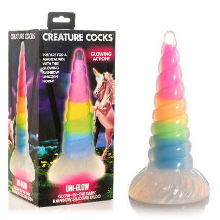 Creature Cocks Glow in Dark Rainbow 7.5 Inch Unicorn Fantasy Dildo with Case Front View