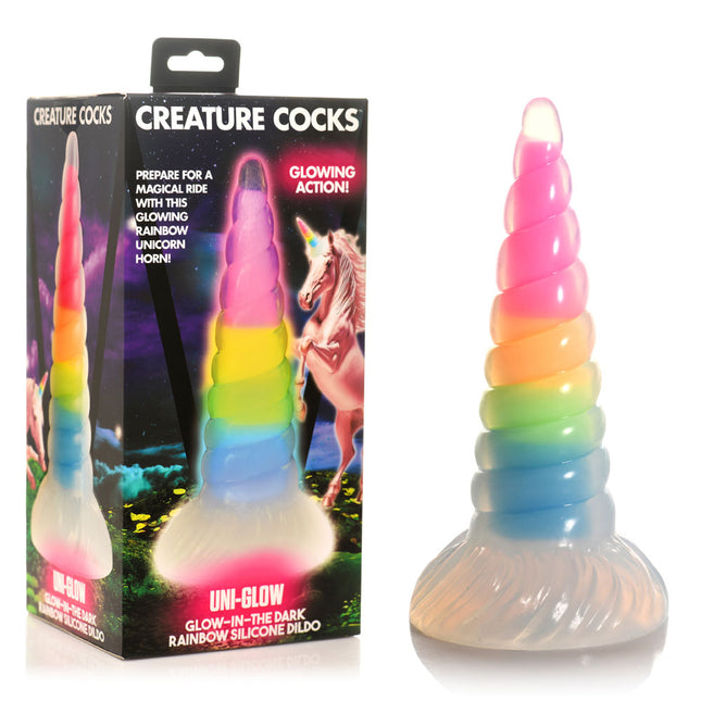 Creature Cocks Glow in Dark Rainbow 7.5 Inch Unicorn Fantasy Dildo with Case Front View
