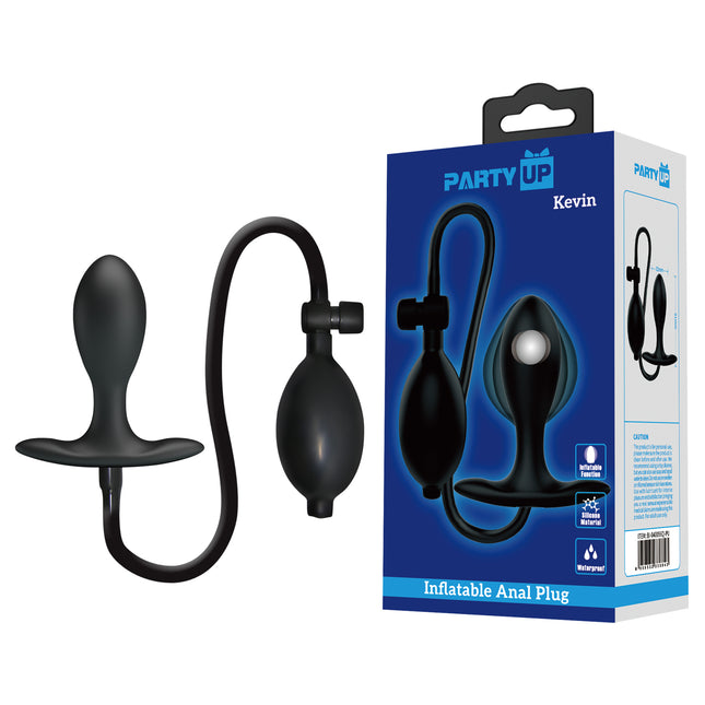 Black inflatable anal plug with packaging labeled 'Party Up Kevin' on a white background