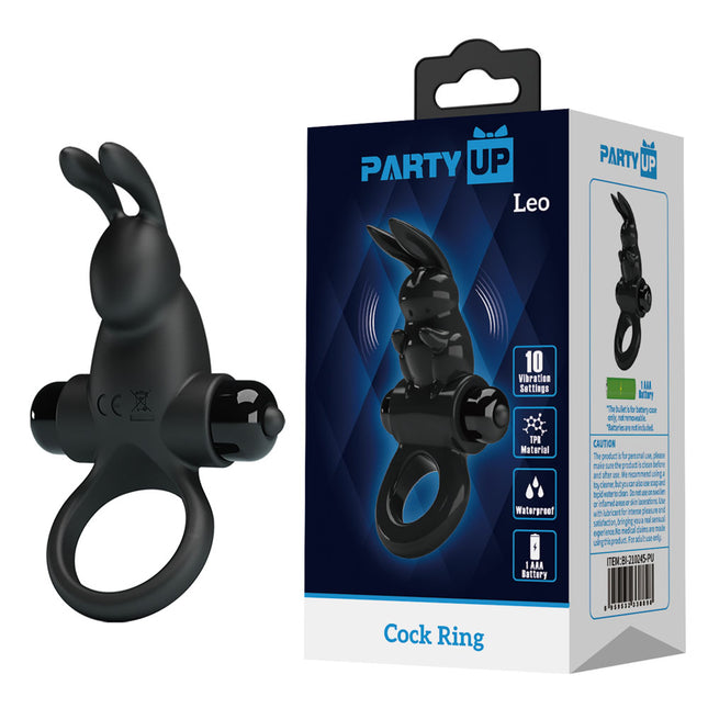 Black cock ring with 'Party Up' packaging on a white background