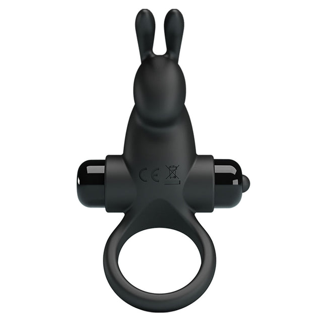 Black rabbit-shaped vibrating cock ring on a white background