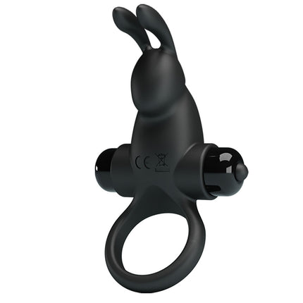 Black silicone cock ring with rabbit-shaped handle on a white background