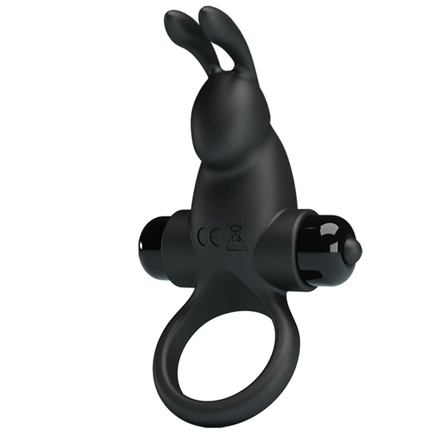Black silicone cock ring with rabbit-shaped handle on a white background