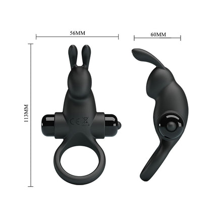Black rabbit-shaped vibrating cock ring with measurements on a white background