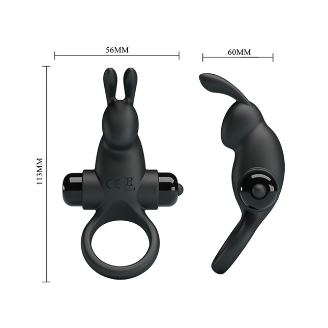 Black rabbit-shaped vibrating cock ring with measurements on a white background