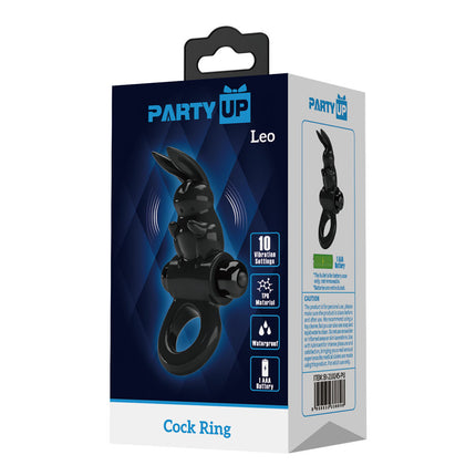 Package of a black cock ring with 'Party Up' branding on a white background