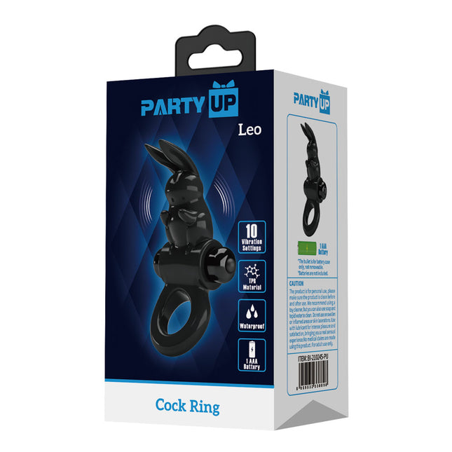 Package of a black cock ring with 'Party Up' branding on a white background