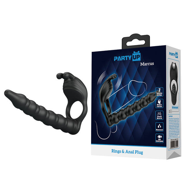 Party Up MARCUS Ring & Anal Plug - Black Vibrating Cock Ring with Double Penetrator