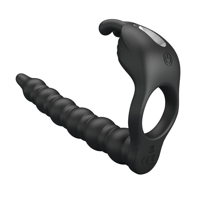 Party Up MARCUS Ring & Anal Plug - Black Vibrating Cock Ring with Double Penetrator