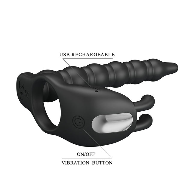 Party Up MARCUS Ring & Anal Plug - Black Vibrating Cock Ring with Double Penetrator