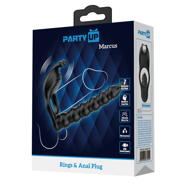 Party Up MARCUS Ring & Anal Plug - Black Vibrating Cock Ring with Double Penetrator