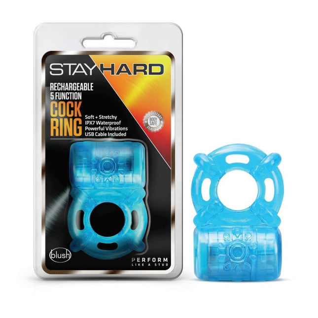 Blush - Stay Hard Rechargeable 5 Function Cock Ring (Blue Vibrating Cock Ring)