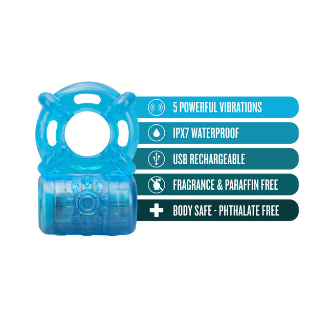 Blush - Stay Hard Rechargeable 5 Function Cock Ring (Blue Vibrating Cock Ring)