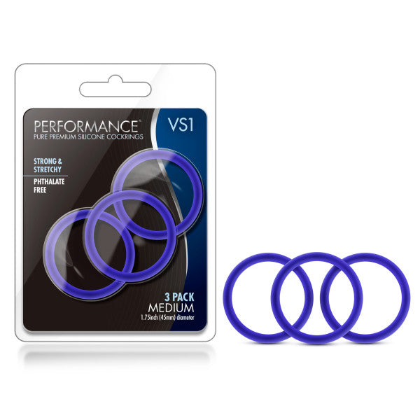 Performance VS1 Pure Premium Silicone Cockrings - Indigo Blue Medium - Set of 3