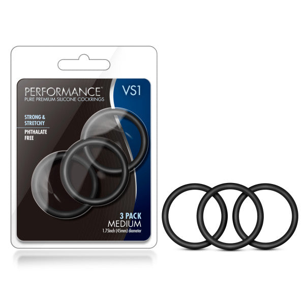 Performance VS1 Pure Premium Silicone Cockrings - Black Medium - Set of 3