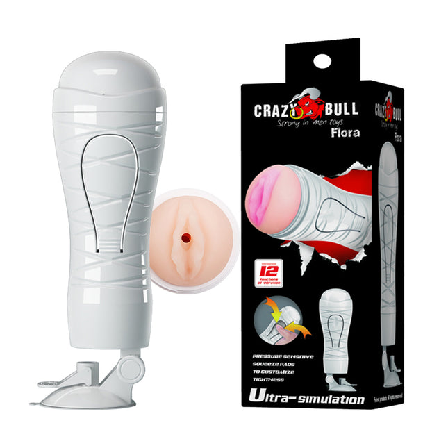 CRAZY BULL FLORA Flesh Vibrating Squeezeable Vagina Stroker with Suction Base