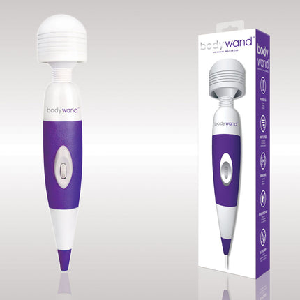 The product image shows a purple and white Bodywand Original massage wand, with a sleek design and a power button on the handle. The packaging is also visible, displaying the product and its brand.