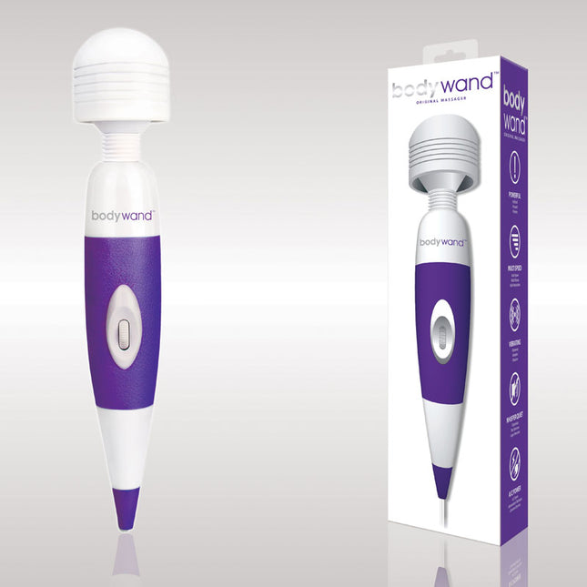 The product image shows a purple and white Bodywand Original massage wand, with a sleek design and a power button on the handle. The packaging is also visible, displaying the product and its brand.