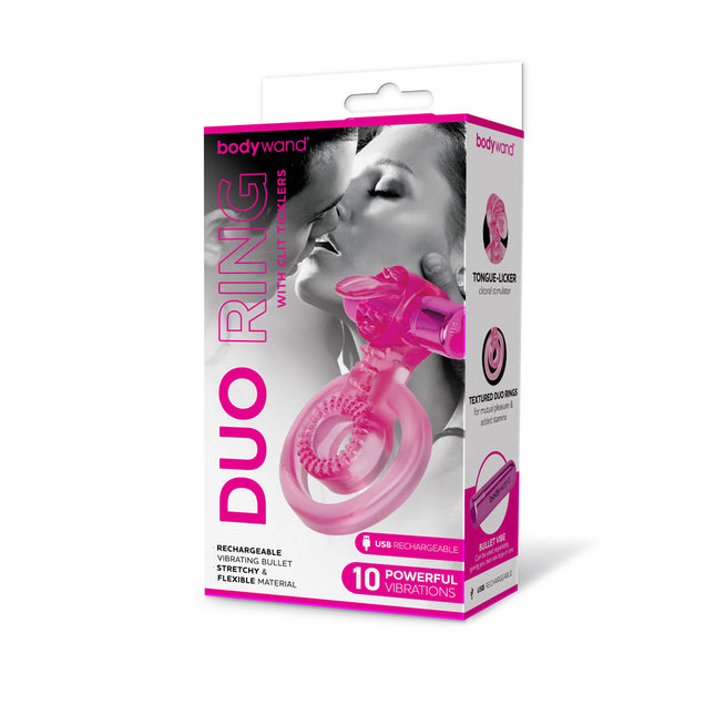 Bodywand Rechargeable Duo Ring with Clit Tickler - Pink Vibrating Cock Ring