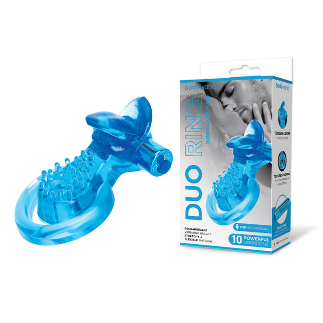 Bodywand Rechargeable Duo Ring with Clit Tickler - Blue Vibrating Cock Ring