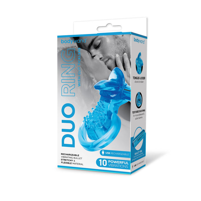 Bodywand Rechargeable Duo Ring with Clit Tickler - Blue Vibrating Cock Ring