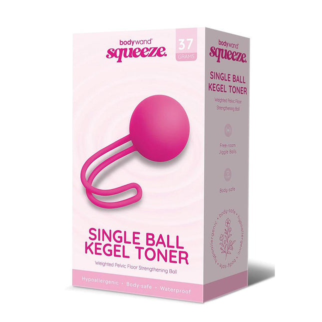 The product image shows the packaging of the Bodywand Squeeze Single Ball Kegel Toner in pink. The box is predominantly white with pink accents and features a clear window displaying the pink silicone kegel ball.