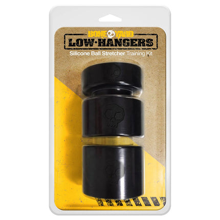 Three Boneyard black silicone ball stretchers in graduated sizes, displayed in a clear packaging with yellow and black design elements.