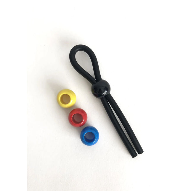Black Adjustable Cock Ring with colorful beads on a white background
