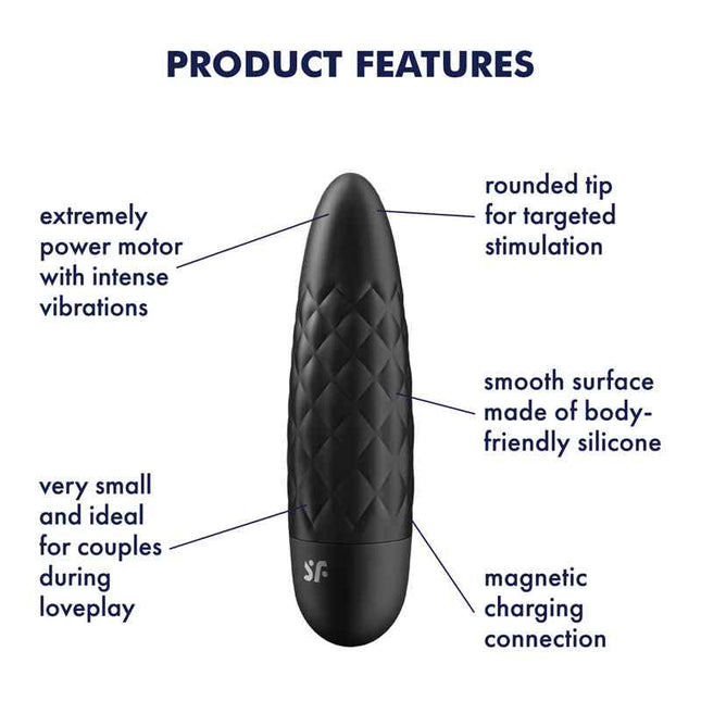 Black Satisfyer Ultra Power Bullet Vibrator Product Features Diagram