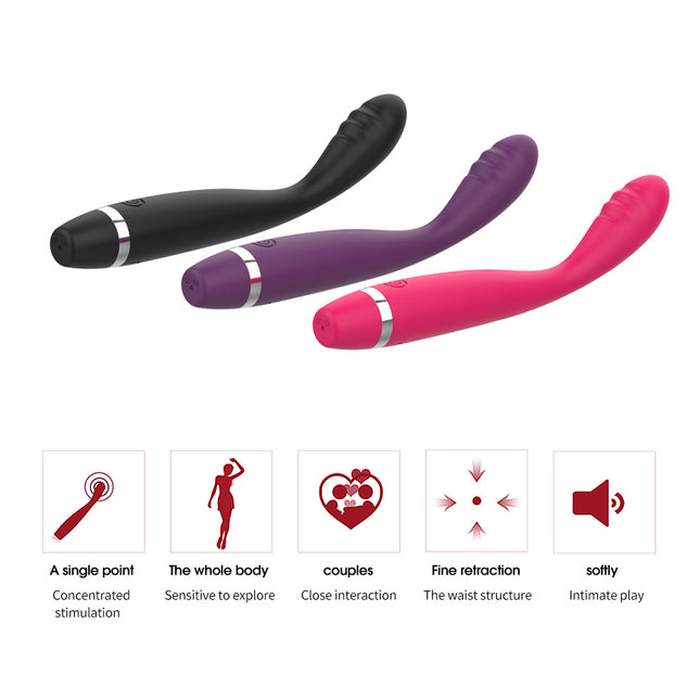 Black, Pink and Purple Mini G Spot Vibration Massager with Features Listed