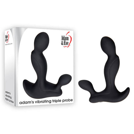 The image shows a black, dual-ended prostate massager with a bulbous tip and a shorter perineum stimulator. The product is displayed both in its packaging and separately.