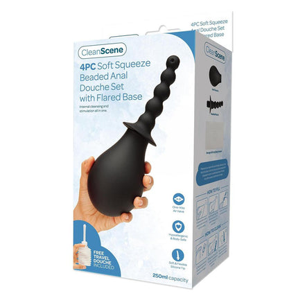 CleanScene 4 Piece Soft Squeeze Beaded Anal Douche Set with Flared Base - 250 ml Capacity (Free Travel Douche)