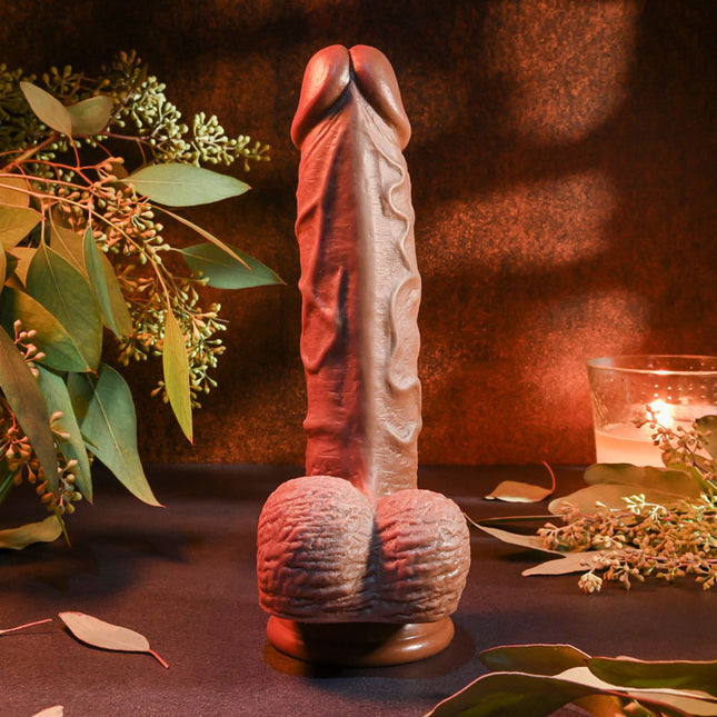 Evolved 8 Inch Realistic Brown Dildo with Balls Rear View
