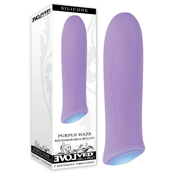 A purple silicone vibrating bullet with a sleek design. The bullet is shown both in its packaging and standalone.