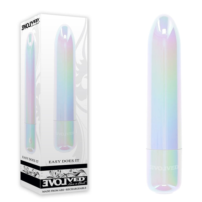 Evolved EASY DOES IT Pearlescent White Lipstick Vibrator with packaging on a white background