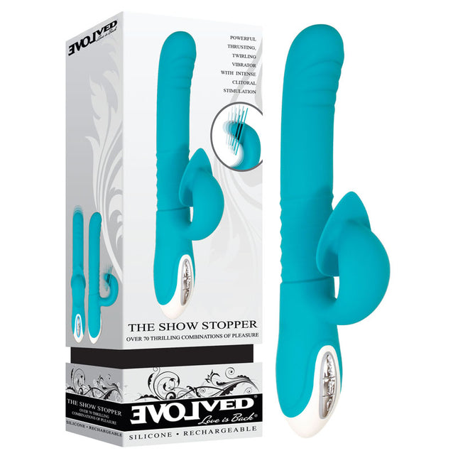 Evolved The Show Stopper Teal Thrusting Rabbit Vibrator with Case Front View
