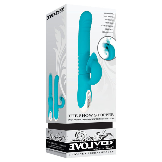case front view of Evolved The Show Stopper Teal Thrusting Rabbit Vibrator rechargeable silicone