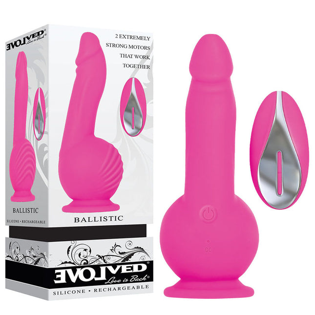 Evolved Ballistic 7 Inch Pink Vibrating Dildo with Box and Remote Control Front View