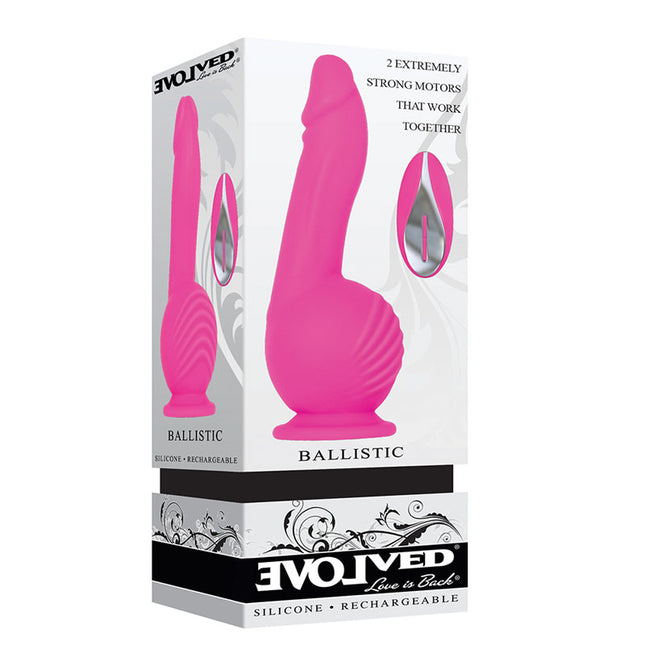 Evolved Ballistic 7 Inch Pink Vibrating Dildo Box Front View
