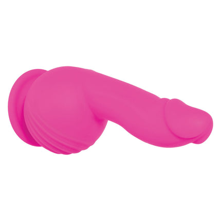 Upside Down view of Evolved Ballistic 7 Inch Pink Vibrating Dildo with balls