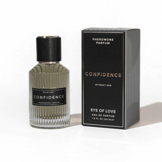 Perfume bottle and packaging of 'Confidence' by Eye of Love on a white background