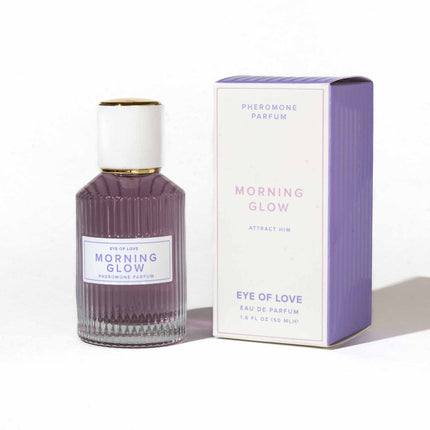 Perfume bottle and packaging of 'Morning Glow' by Eye of Love on a white background