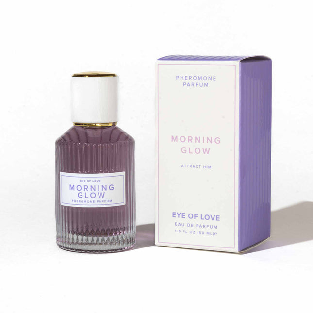 Perfume bottle and packaging of 'Morning Glow' by Eye of Love on a white background