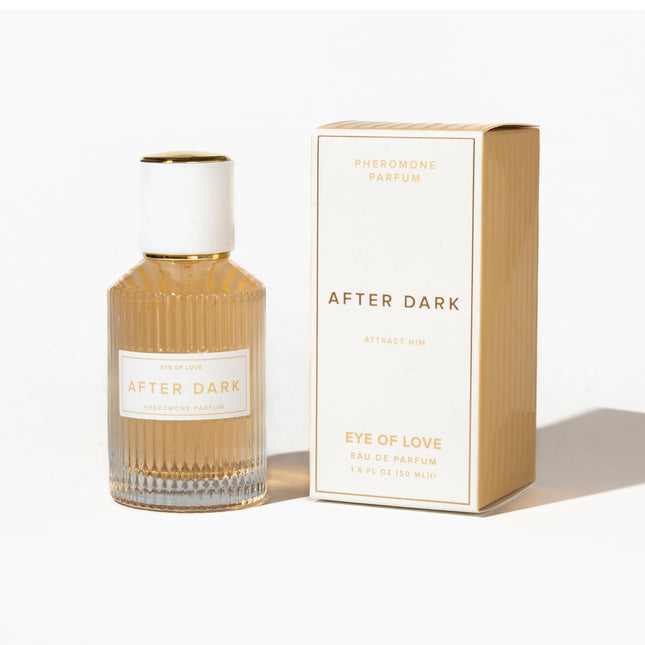 Perfume bottle and packaging of 'After Dark' pheromone parfum on a white background
