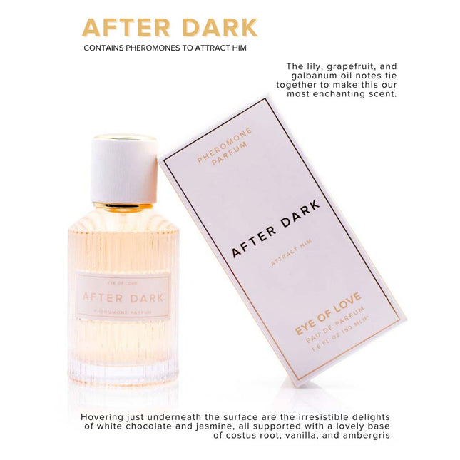 Perfume bottle and packaging of 'After Dark' with product description text.