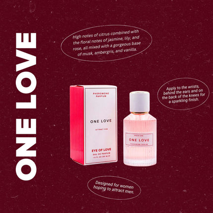 Perfume bottle and packaging labeled 'One Love' on a maroon background with product details.