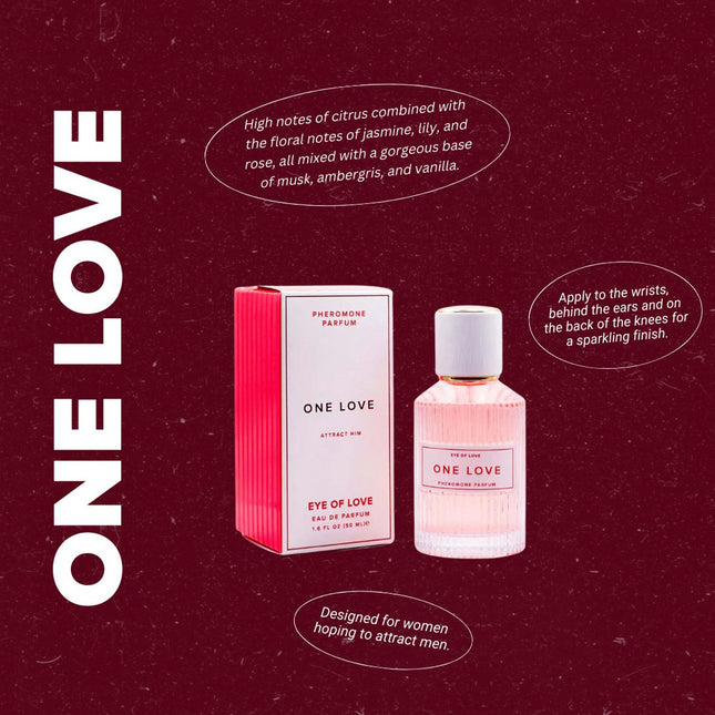 Perfume bottle and packaging labeled 'One Love' on a maroon background with product details.