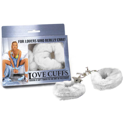 A pair of white fluffy handcuffs packaged in a box with a model demonstrating their use. The product is intended for lovers who care about comfort.