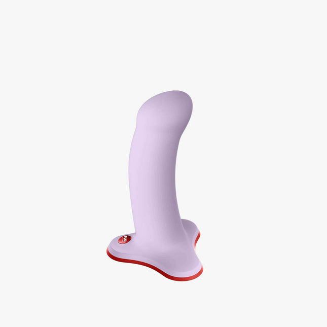 A lavender-colored dildo with a flat base and a slight curve at the tip, featuring a small button at the bottom.