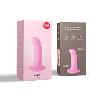 FUN FACTORY AMOR Candy Rose – Pink Silicone 5 Inch Dildo in packaging on a white background